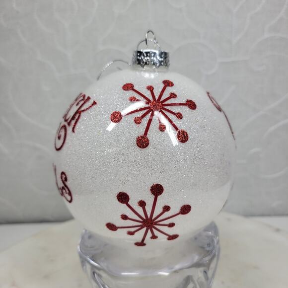 Vintage Deck the Halls Ornament 4.5” Red Glitter Script Handmade Glass - Picture 7 of 16